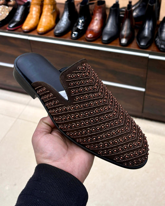 Brown Suede Hand-embroidered Mules with Leather Footbed