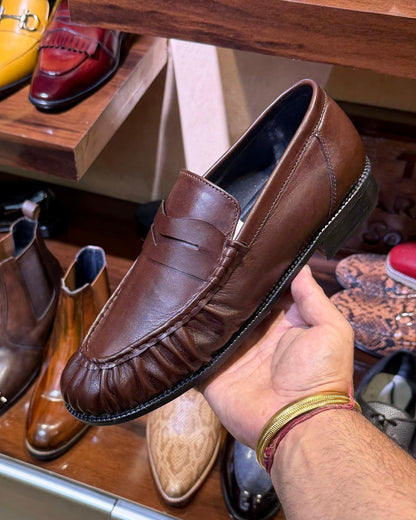 Brown Hand-sewn Apron Penny Loafers