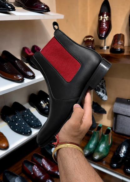 Black Chelsea Boots With Red Elastic