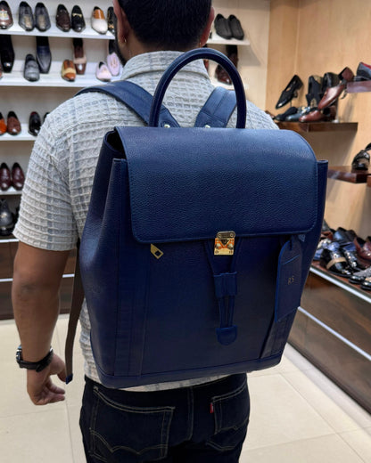 Custom Navy Blue Full Grain Leather Back Pack