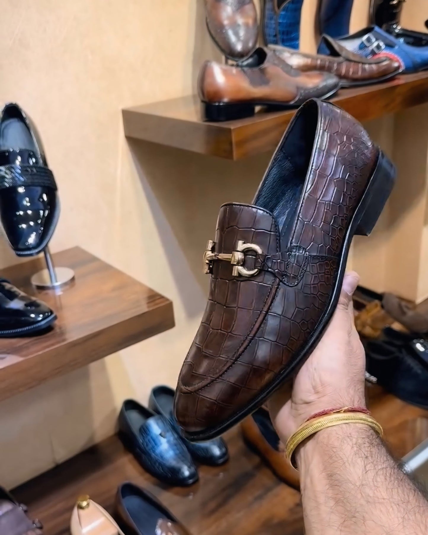 Patina Brown Crocodile Scaled Moccasins with Gold Buckle
