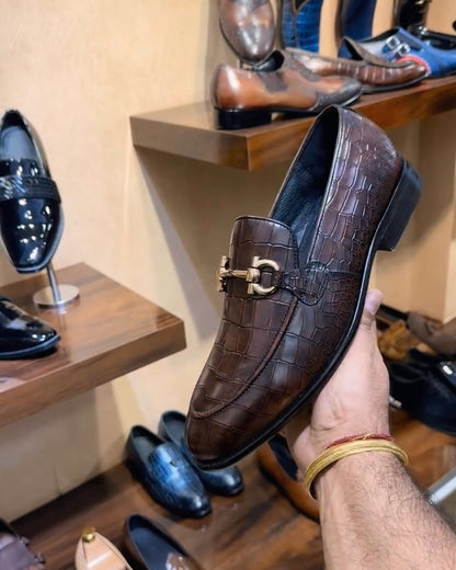 Patina Brown Crocodile Scaled Moccasins with Gold Buckle