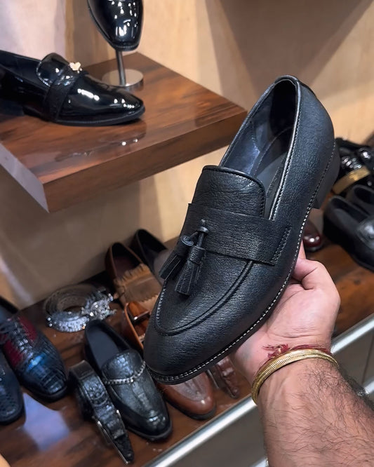 Black Full Grain Leather Tassel Loafers