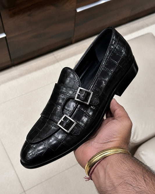 Black Crocodile Double Monk Strap Loafers