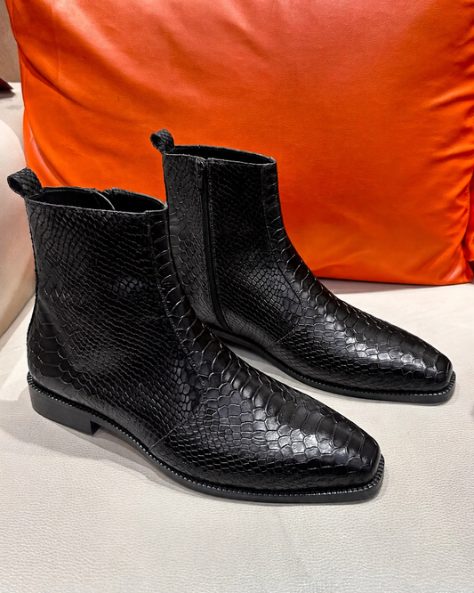 High-top Black Cobra Scaled Boots With Zip