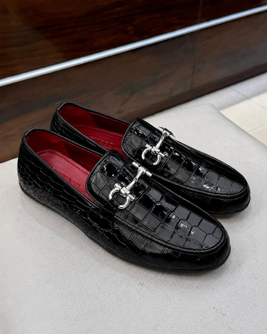 Black Patent Crocodile Horsebit Driving Loafers