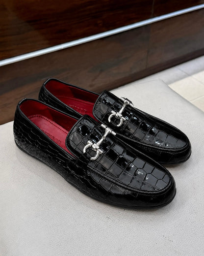 Black Patent Crocodile Horsebit Driving Loafers