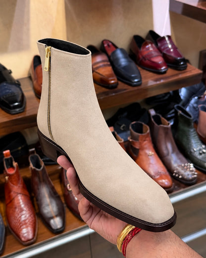 High-top Beige Suede Boots With Cuban Heel