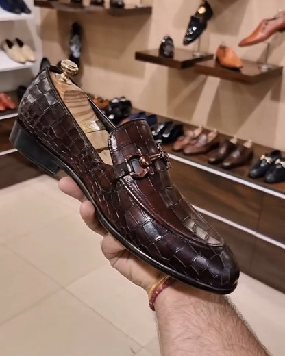 Hand-burnished Crocodile Scaled Moccasins - Brown
