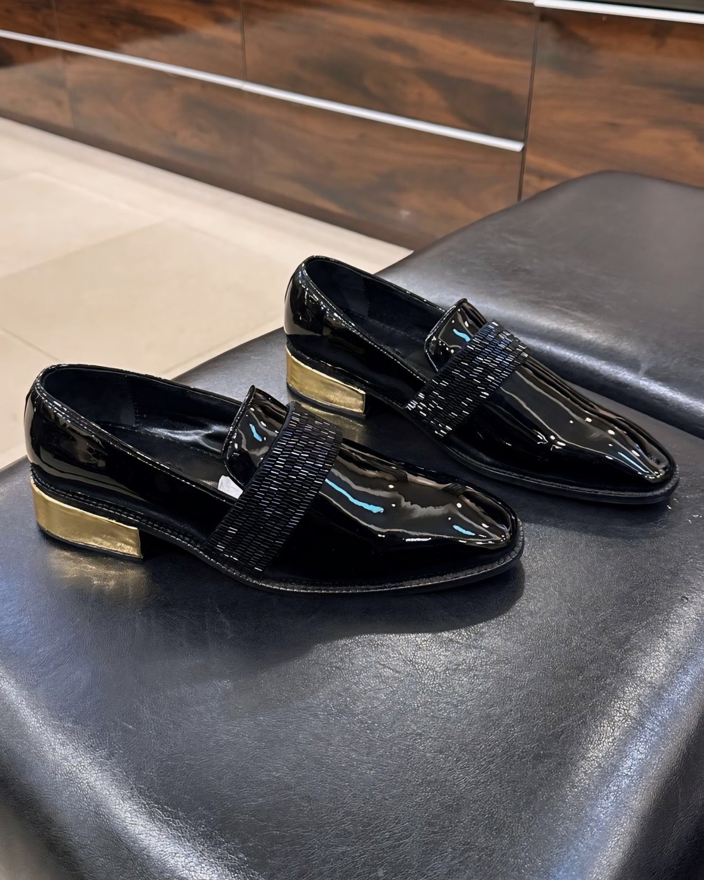 The Tuxedo Moccasins with Golden Heel and Red Glossy Sole