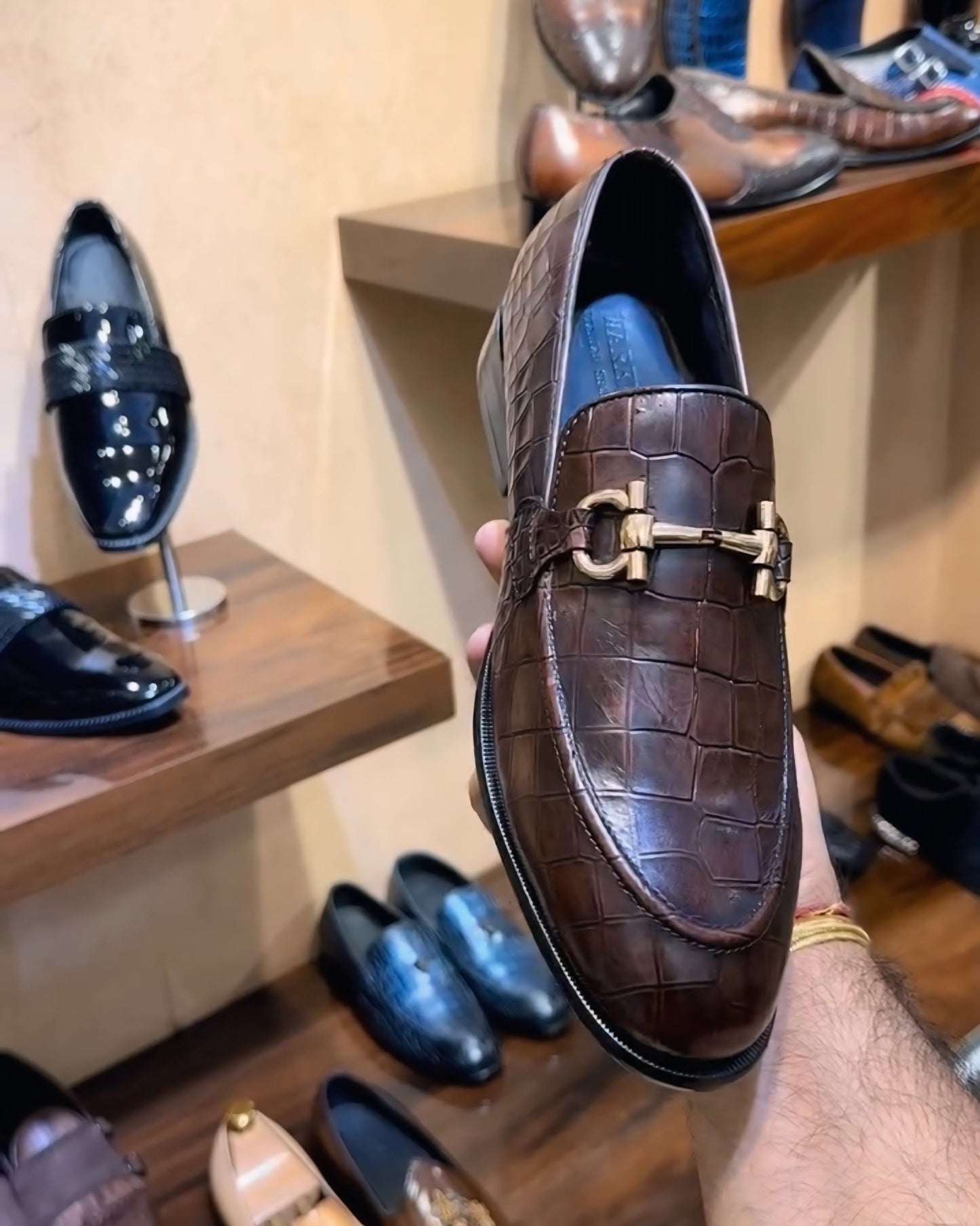Patina Brown Crocodile Scaled Moccasins with Gold Buckle