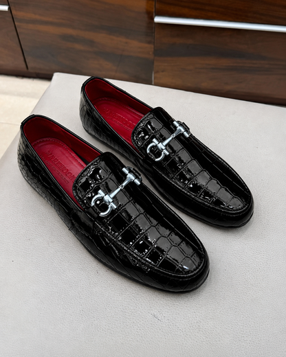 Black Patent Crocodile Horsebit Driving Loafers