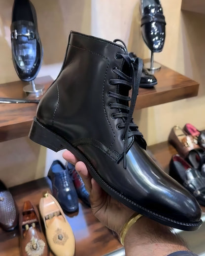 Black Derby Dress Boots in Smooth Calf Leather