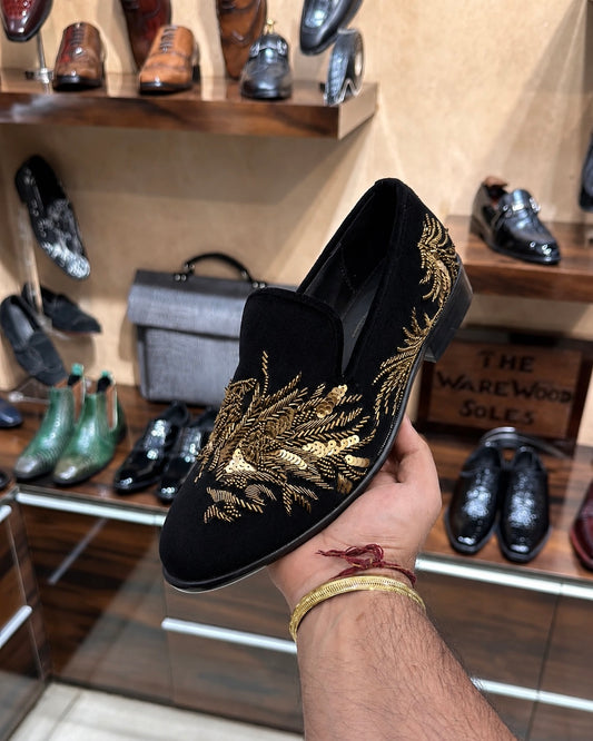 Black Suede Gold Tiger Hand-embroidered Loafers