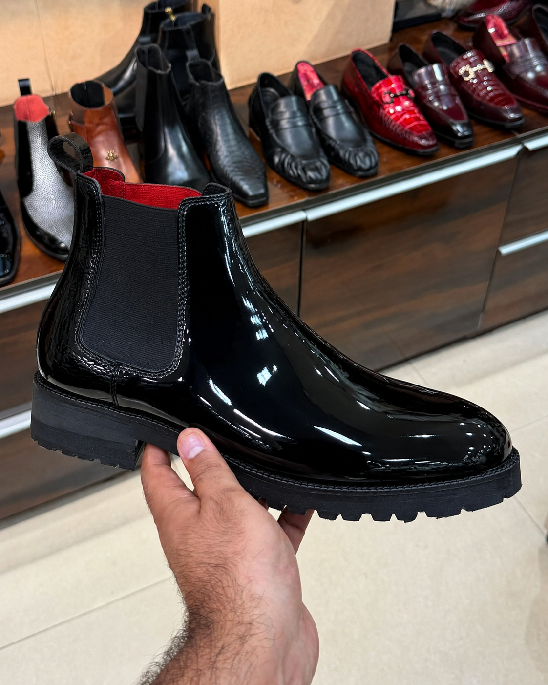 Black Patent Chunky Chelsea Boots