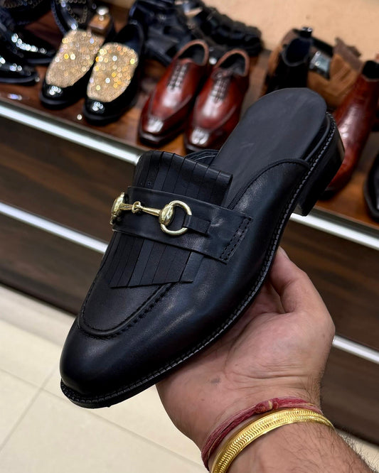 Black Italian Leather Fringes Mules with Gold Horsebit