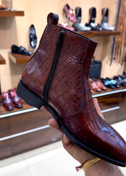 Burgundy Crocodile Scaled Zip Boots