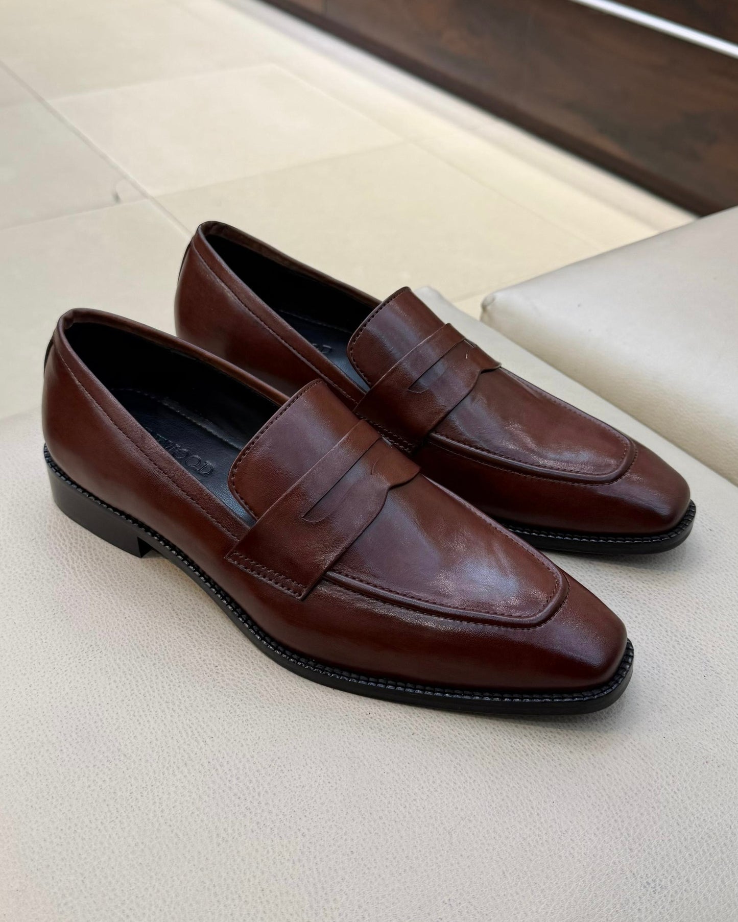 Cognac Brown Square Toe Penny Loafers