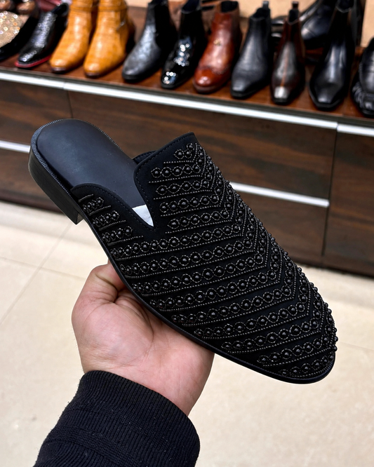 Black Suede Hand-embroidered Mules