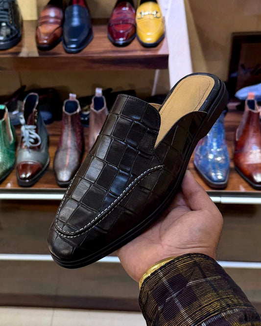 Black Deep-cut Crocodile Scaled Mules with Tan Footbed