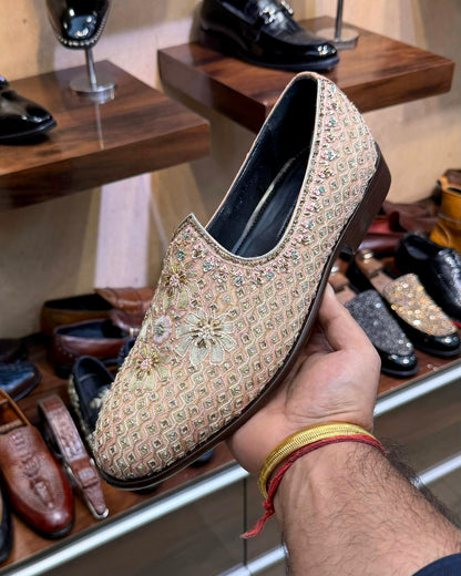 Limited Edition Floral Hand-embroidered Mojaris on Raw Silk