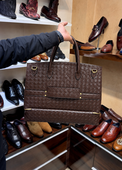 Dark Brown Hand-Woven Leather Travel Bag with Bottom Shoe Compartment