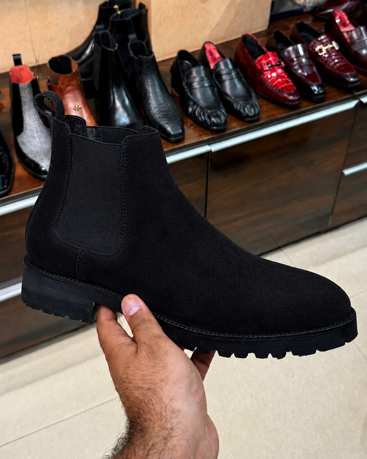 Chunky Black Suede Lug Sole Chelsea Boots