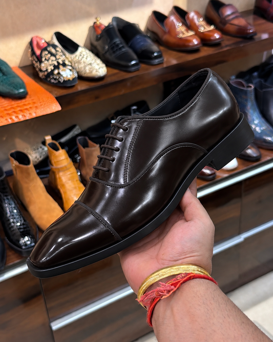 Polished Coffee Brown Cap Toe Oxfords