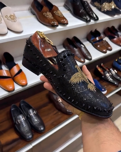 Signature Snake Foil Studded Bird Embroidery Slip-ons