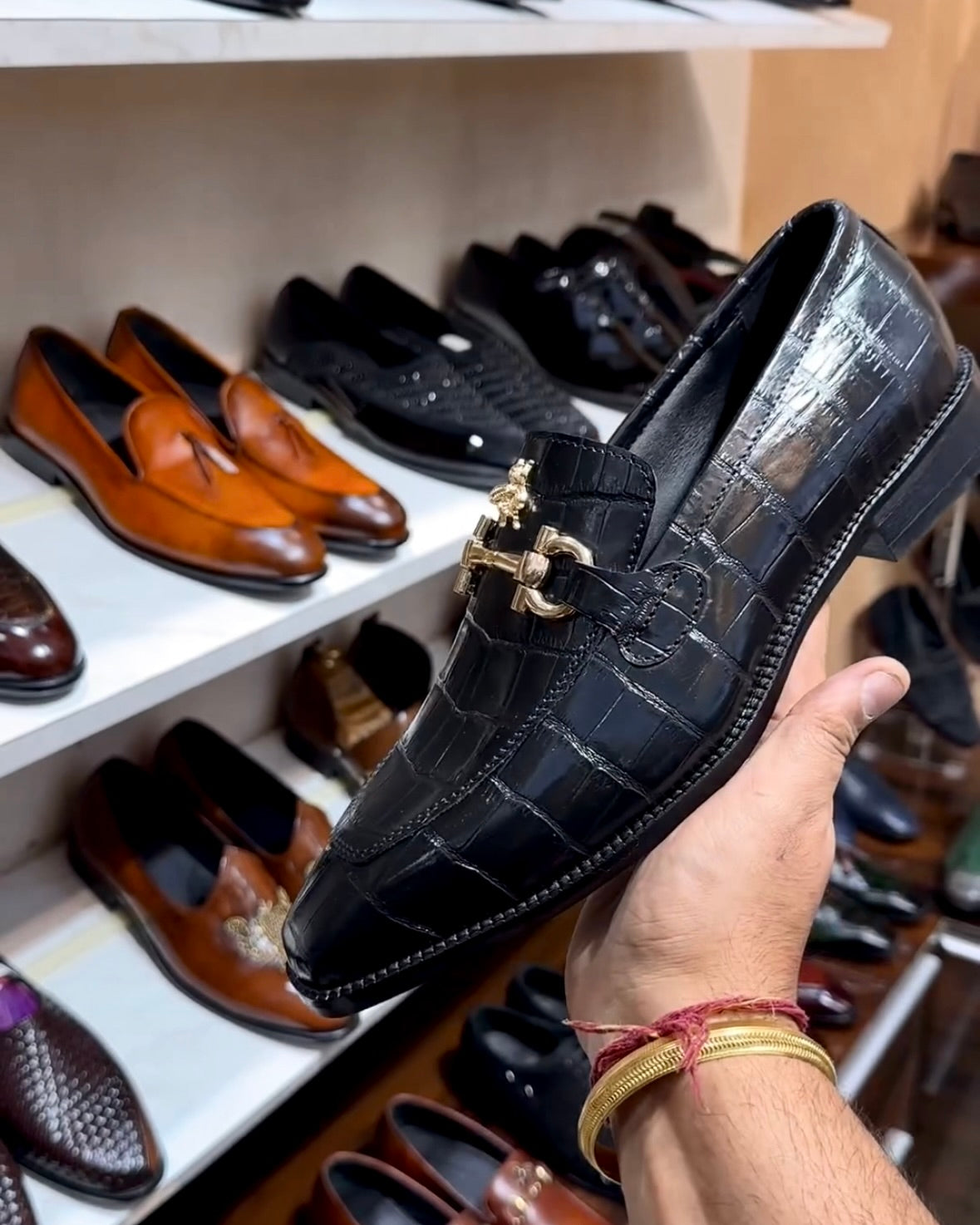 Black Crocodile Scaled Horsebit Loafers with Bee