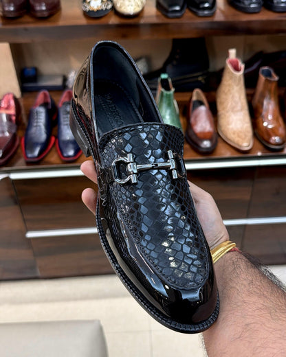 Black Patent & Snake Foil Leather Horsebit Loafers with Red Bottoms