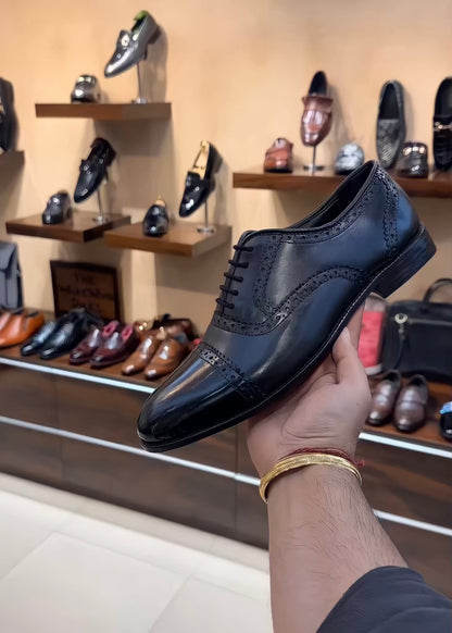 Classic Black Semi-brogue Captoe Oxfords