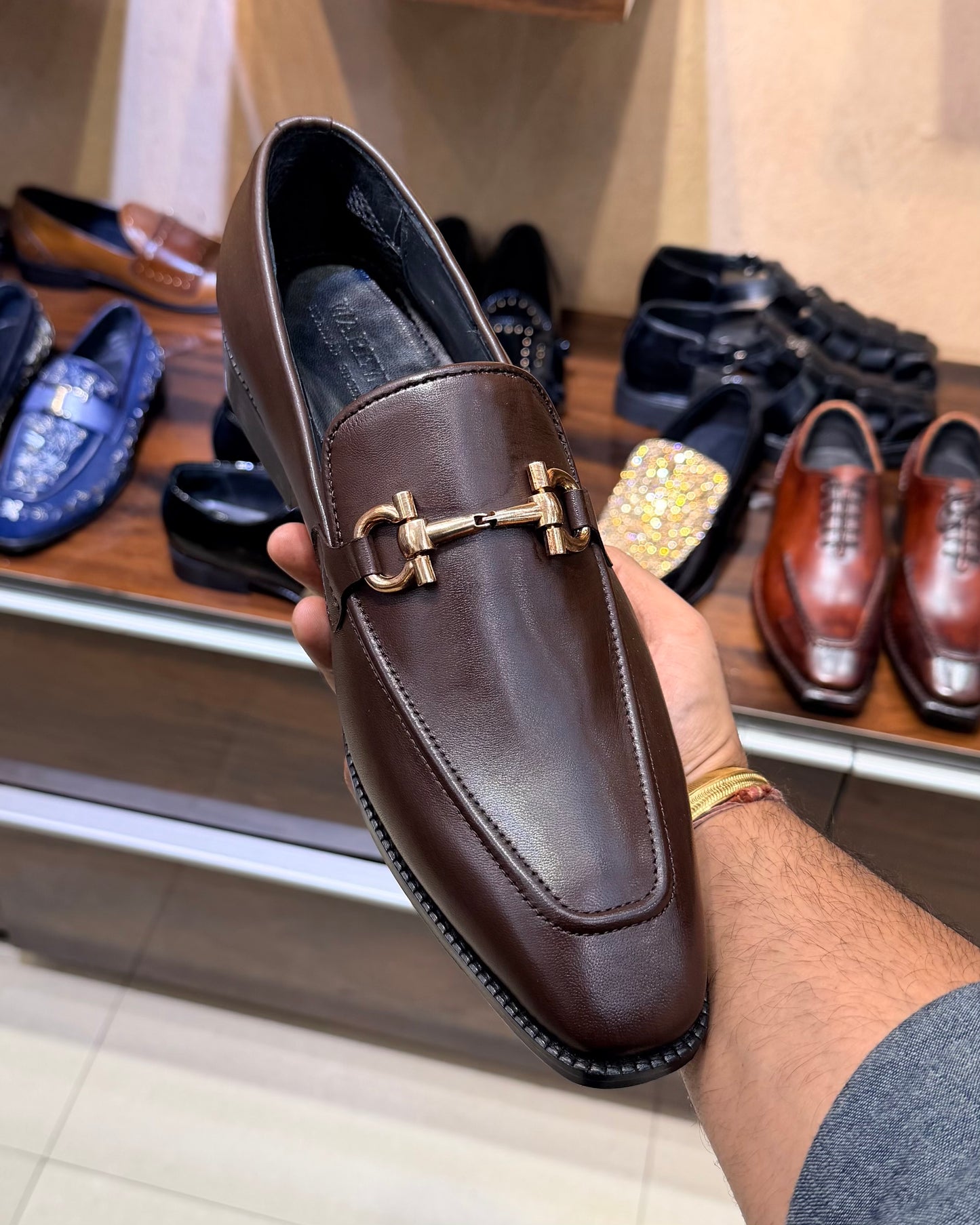 Brown Square Toe Horsebit Loafers in Calfskin Leather