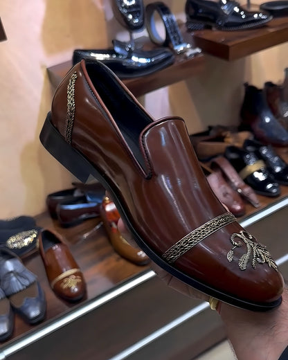 Brown Patina Hand-embroidery Slip-ons