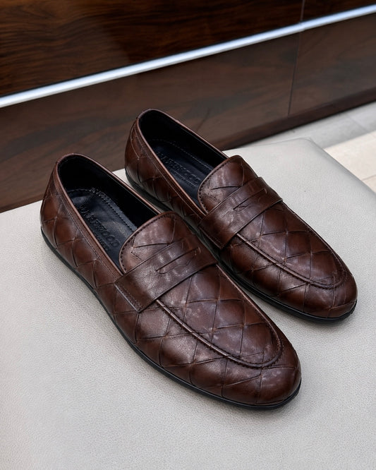 Brown Woven Driving Penny Loafers
