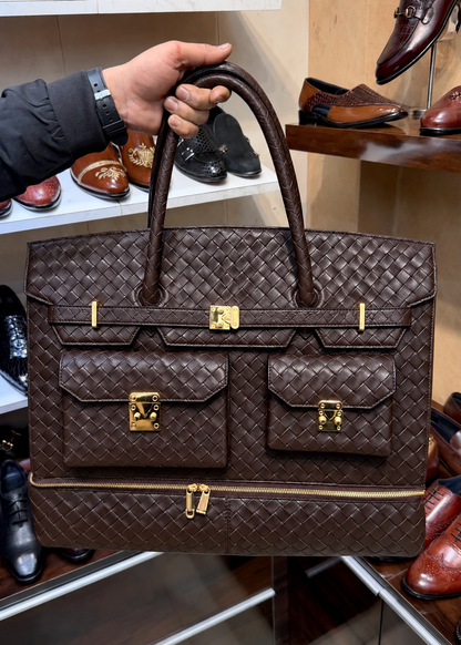 Dark Brown Hand-Woven Leather Travel Bag with Bottom Shoe Compartment