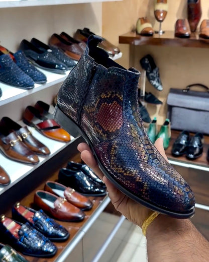 Exotic Metallic Snake Foil Zipper Boots