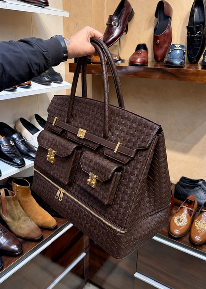 Dark Brown Hand-Woven Leather Travel Bag with Bottom Shoe Compartment