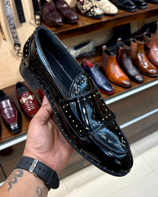 Black Patent Leather Monk Strap Loafers with Gold Rivet Studs