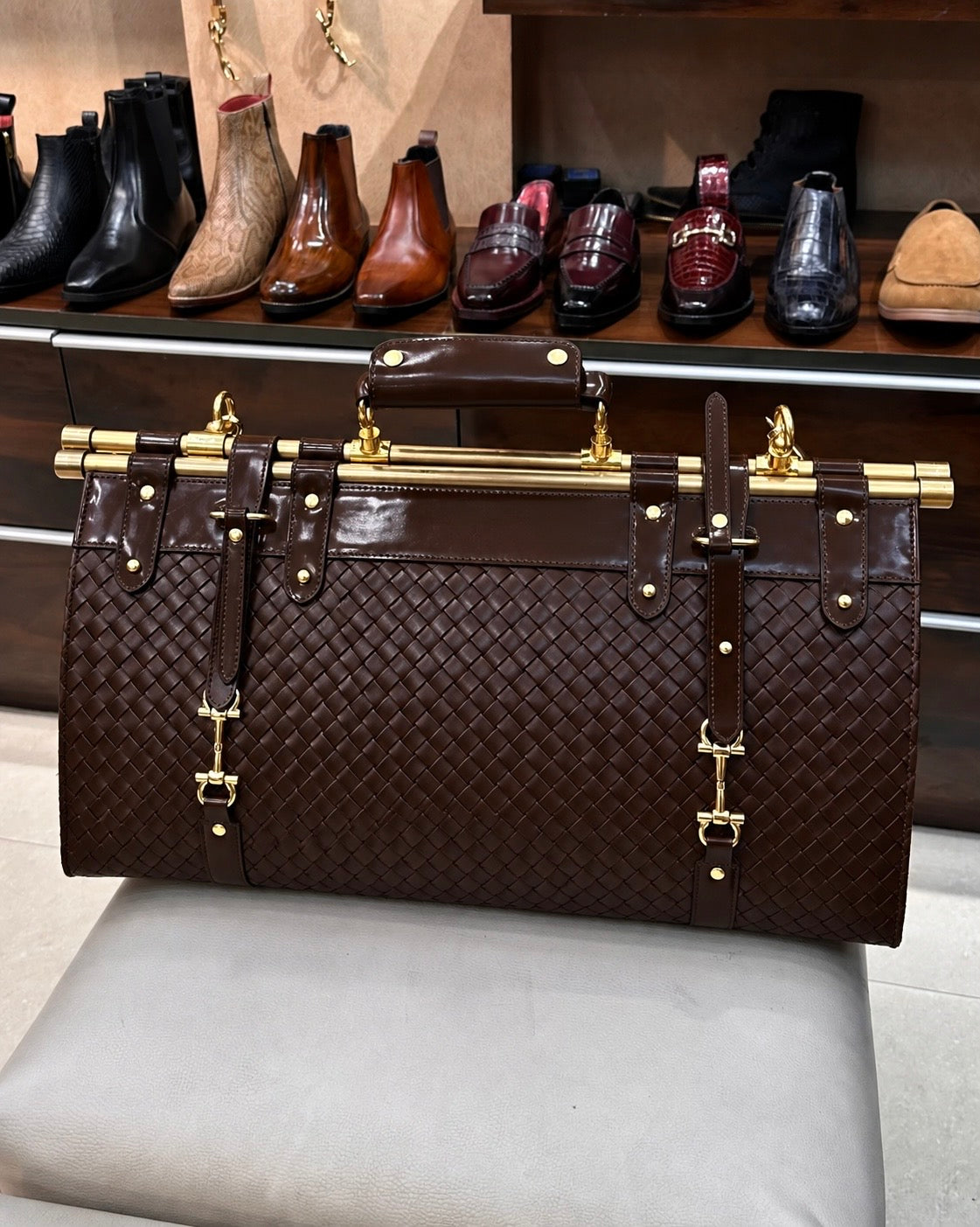 Dark Brown Hand-woven Leather Duffle Bag with Gold Pipe
