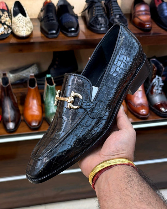 Black Croco Gold Horsebit Square Toe Loafers