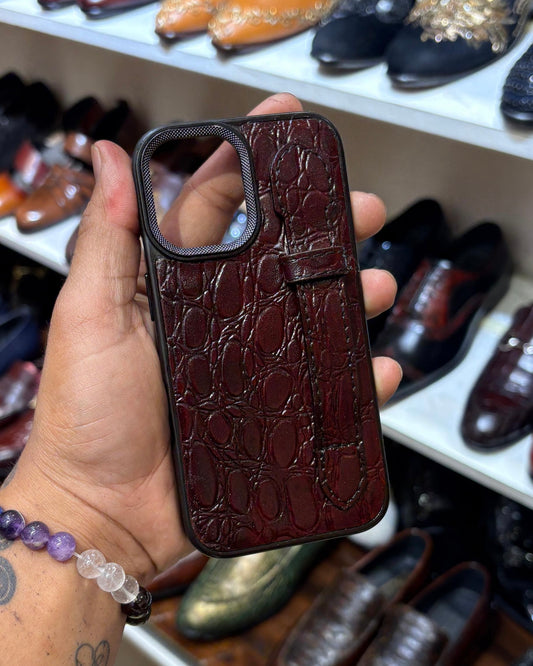 Burgundy Baby Crocodile Leather Mobile Cover with Holding Finger