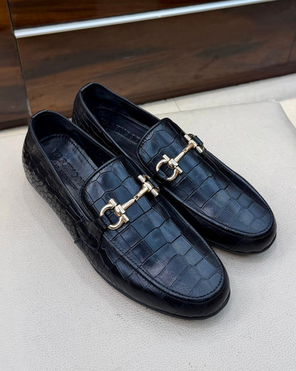 Black Crocodile Scaled Horsebit Driving Loafers