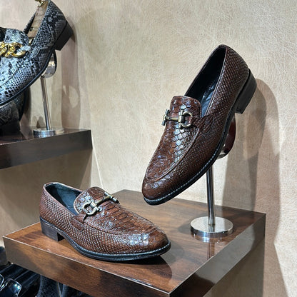 Burnished Brown Cobra Scaled Moccasins with Antique Metal Buckle