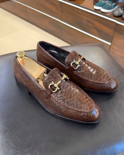 Brown Patina Cobra Scaled Leather Moccasins