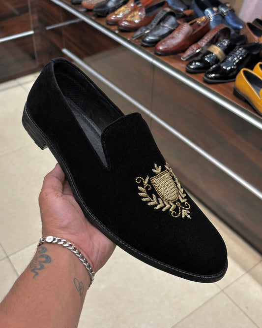 Black Velvet Gold Hand-embroidered Loafers