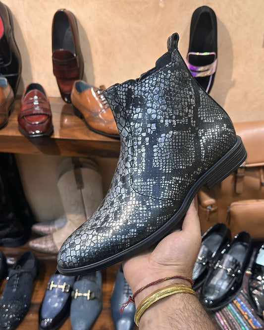Exotic Grey Snake Foil Zipper Boots