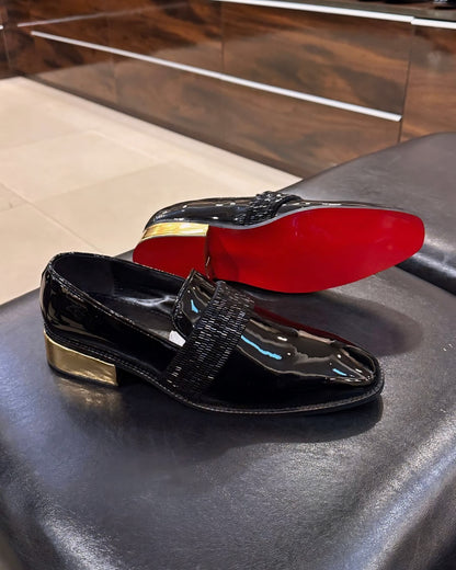 The Tuxedo Moccasins with Golden Heel and Red Glossy Sole