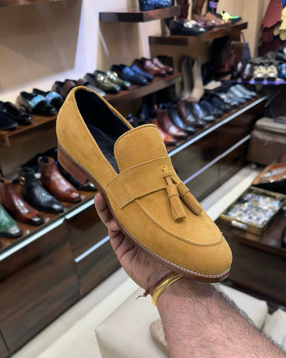 Tan Suede Tassel Loafers with Wood Sole