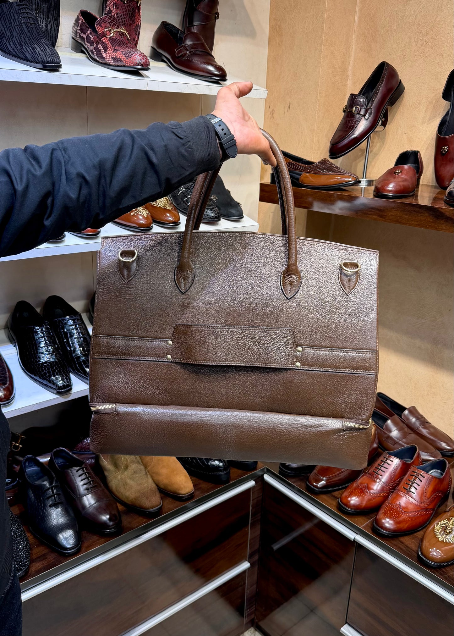 Brown Full Grain Pebble Leather Travel Bag with Bottom Shoe Compartment